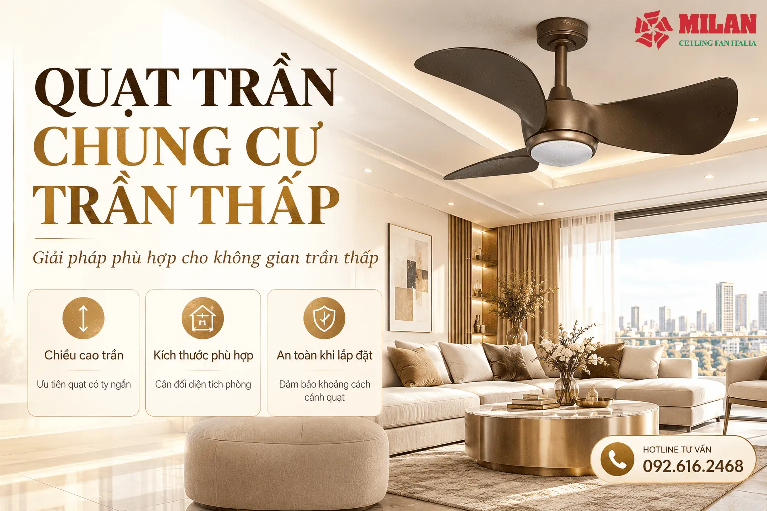 quạt trần chung cư trần thấp